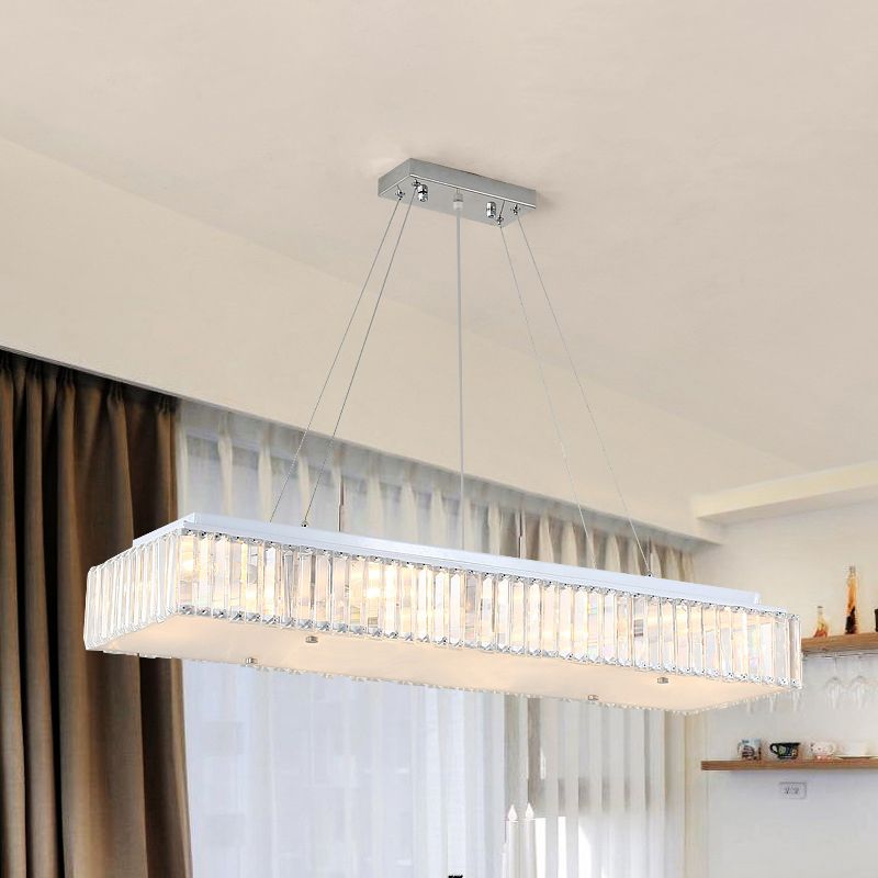 8 Lights Rectangular Chandelier Lamp Modern Pendant Lamp with Crystal Block and Glass Diffuser in White