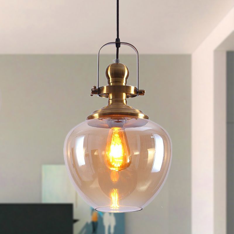 Brass Orb Pendant Ceiling Light Industrial Amber Glass 1 Light Living Room Hanging Lamp for Living Room