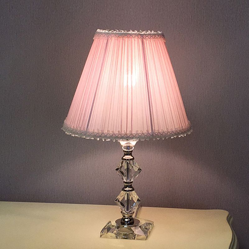 Candlestick Bedroom Desk Light Classic Clear Crystal 1-Head Pink Nightstand Lamp with Scalloped/Tapered Shade