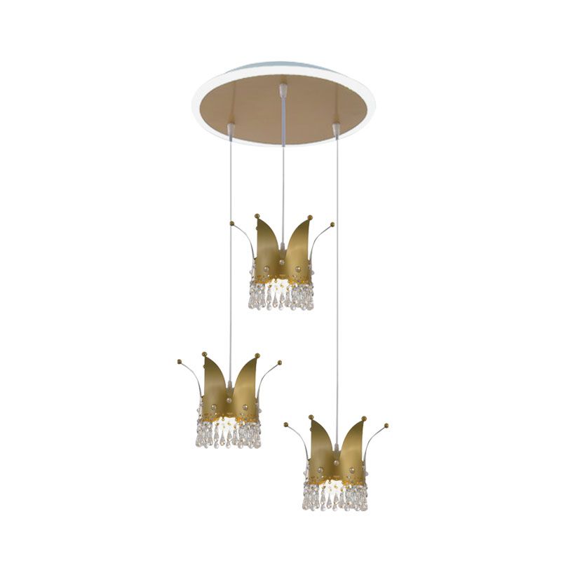 Contemporary Crown Cluster Pendant Iron 3 Heads Nursery Suspension Light in Gold with Crystal Drop