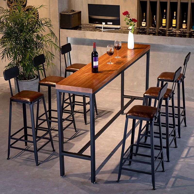 Brown Solid Wood Bar Table Industrial Bar Dining Table with Black Trestle Base