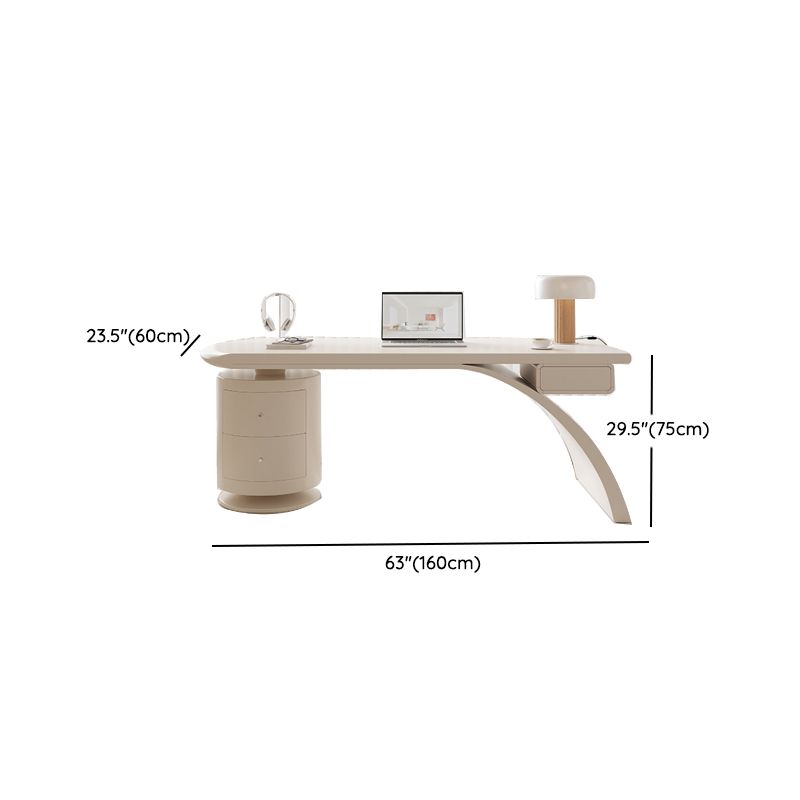 Irregular Shape Contemporary Office Desk Wooden Task Desk with 2 Drawers in White