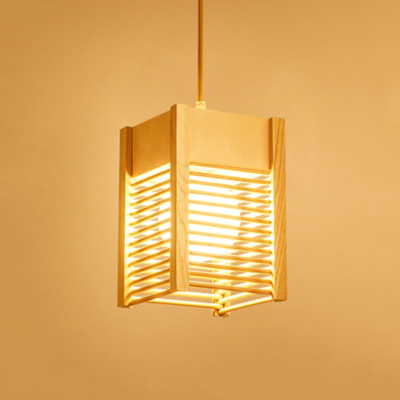 Cage Sushi House Suspension Light Wood 1 Light Japanese Style Drop Pendant in Beige