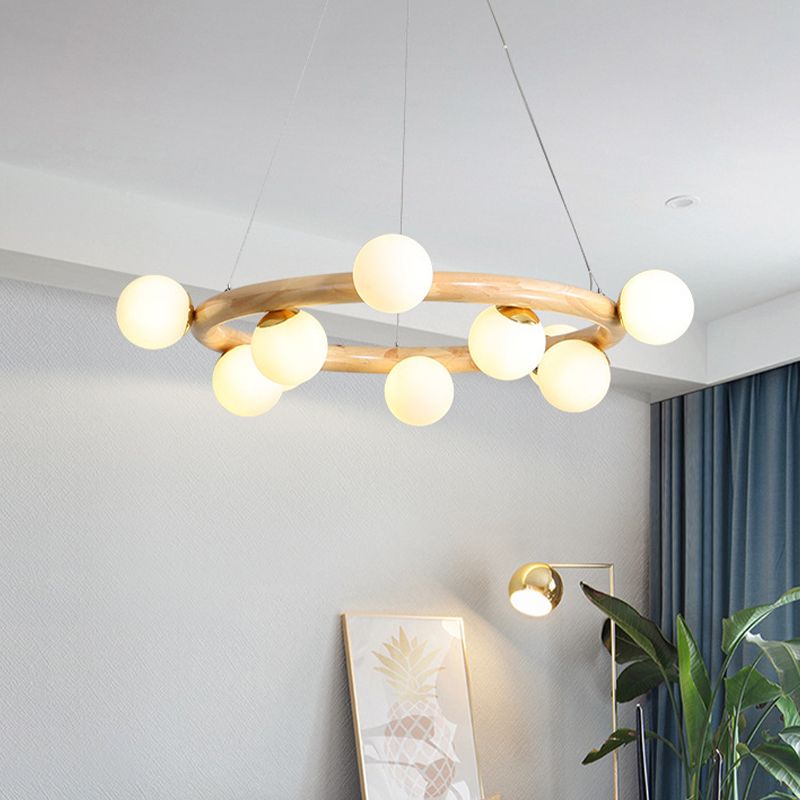 Modern Ceiling Pendant Wood Light Opal Glass Light Foyer Indoor Light