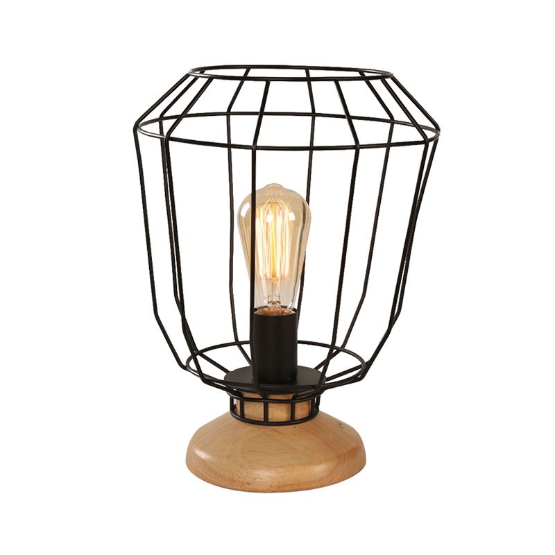 1 Bulb Table Lamp Industrial Stylish Pear/Barrel Shade Metal and Wood Task Lamp with Wire Guard in Black for Bedroom