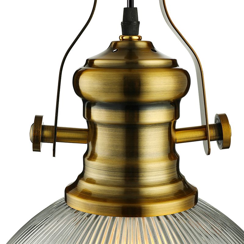 12"/15" Wide Dome Pendant Light Industrial 1 Light Ribbed Glass Hanging Lamp in Brass for Dining Room