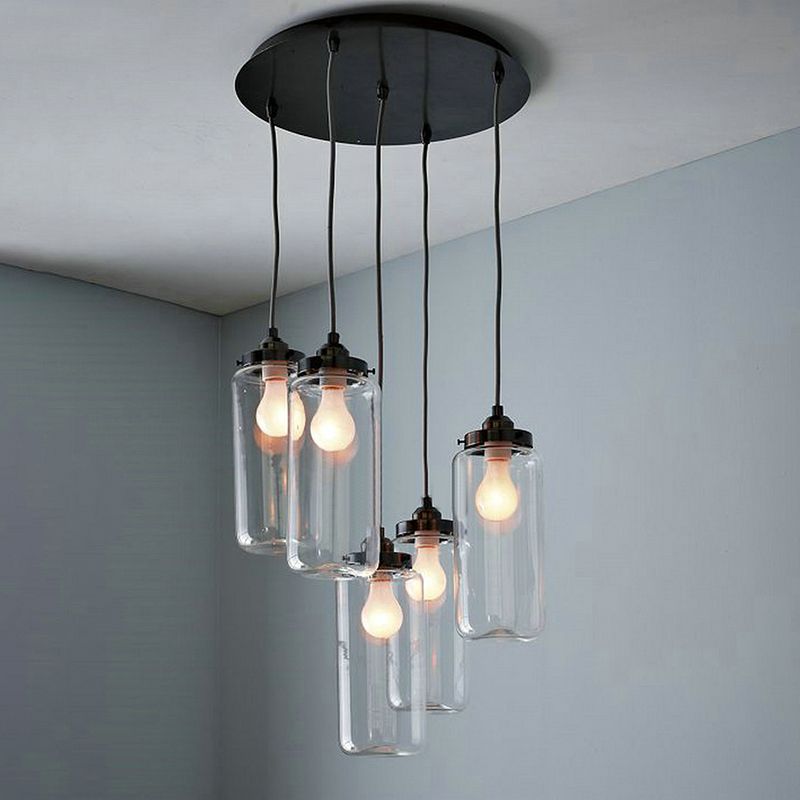 Black Cylinder Multi Pendant with Round Canopy Industrial Clear Glass 5-Light Coffee Shop Hanging Ceiling Light