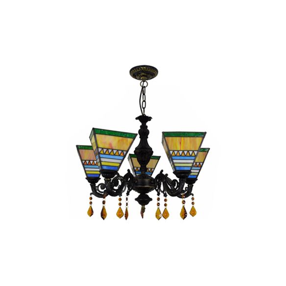 Geométrique Hanging Light Retro Style Treated Verre 5 Bulbes Chandelier avec pendentifs en cristal en jaune / bleu pour chambre à coucher