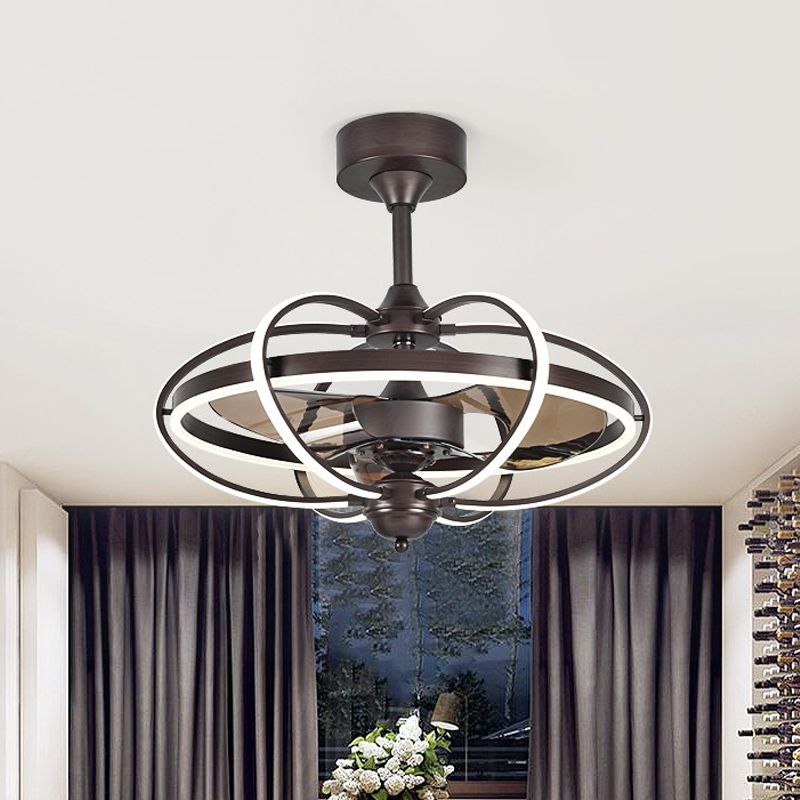 3-Blade Metal Geometry Semi Flush Mount Modernism 26" Wide LED Brown Ceiling Fan Light Fixture