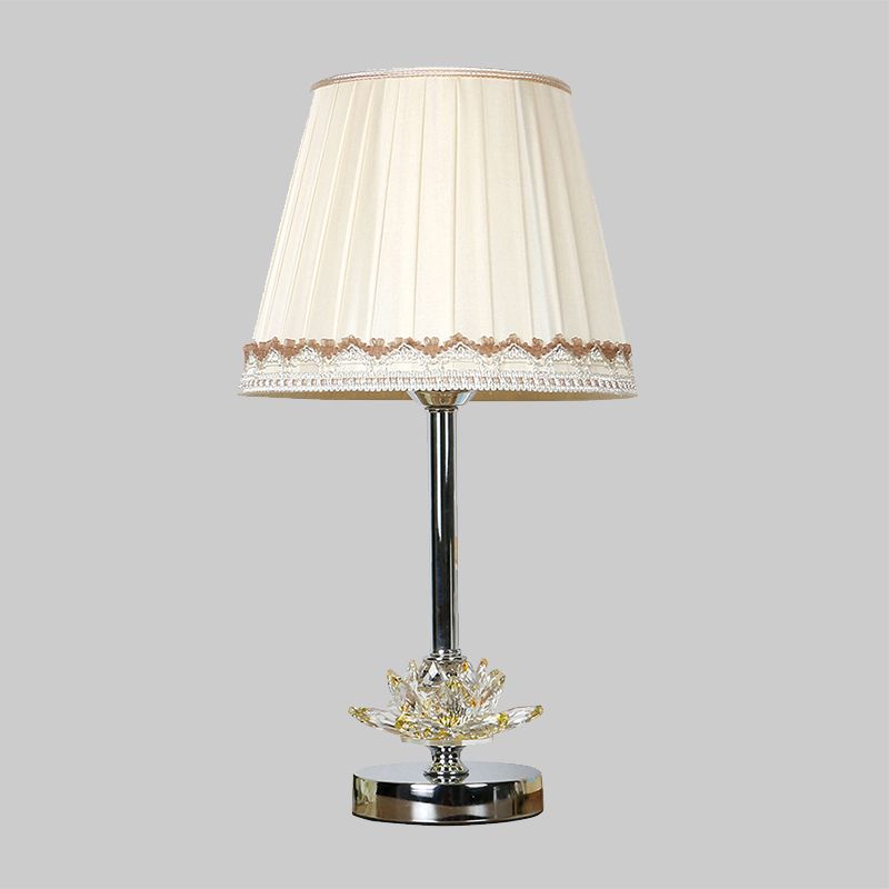 Modern 1-Bulb Night Lighting White Conical Nightstand Lamp with Lotus Shaped Crystal