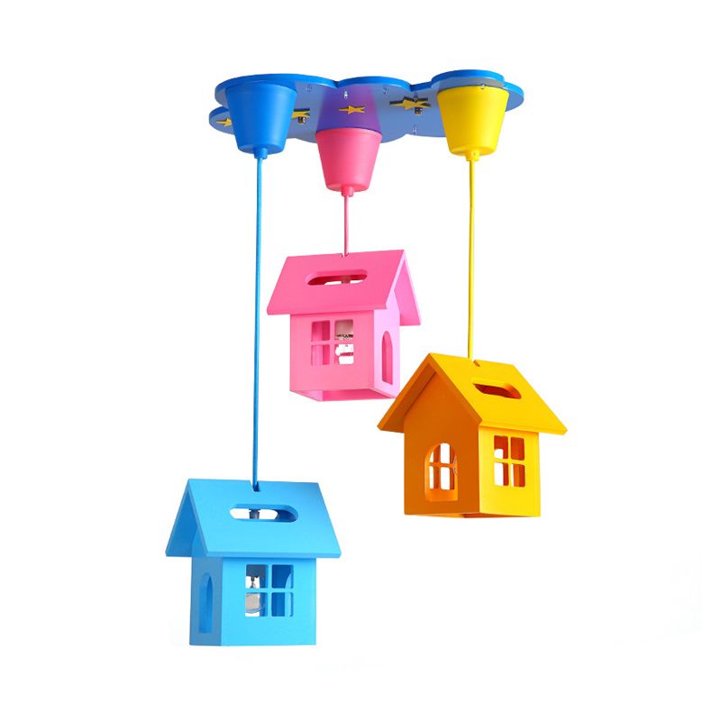 House Shaped Wood Multi Hanging Light Fixture Kid 3-Light Blue Ceiling Pendant for Bedroom