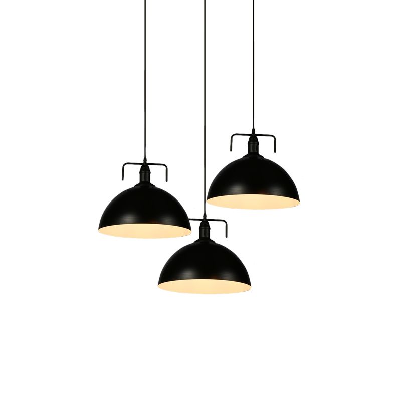 3 Lights Dome Pendant Light Loft Style Black Finish Metal Ceiling Fixture with Linear/Round Canopy and Handle