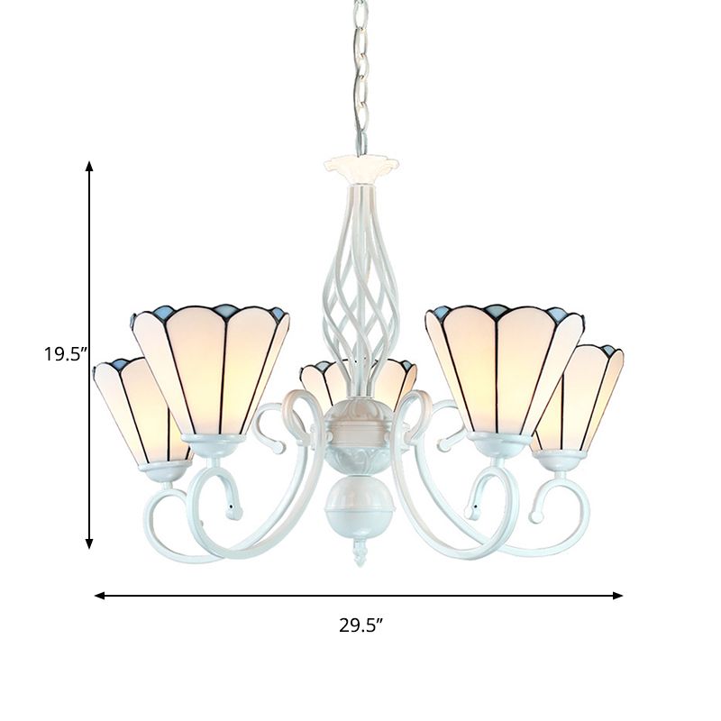 5 Lights Cone Chandelier with Adjustable Chain White Glass Traditional Pendant Light for Bedroom