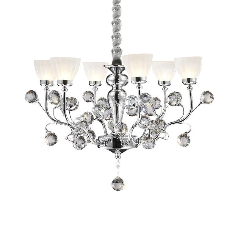 Frosted Glass Conic Chandelier Lighting with Crystal Ball Modernist 6 Lights Hanging Pendant Light in Polished Chrome