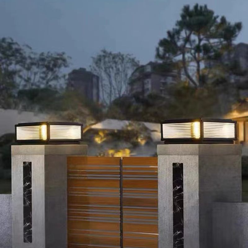 Rectangular Shape Metal Outdoor Lights Modern 1 Light Solar Pillar Lamp in Black