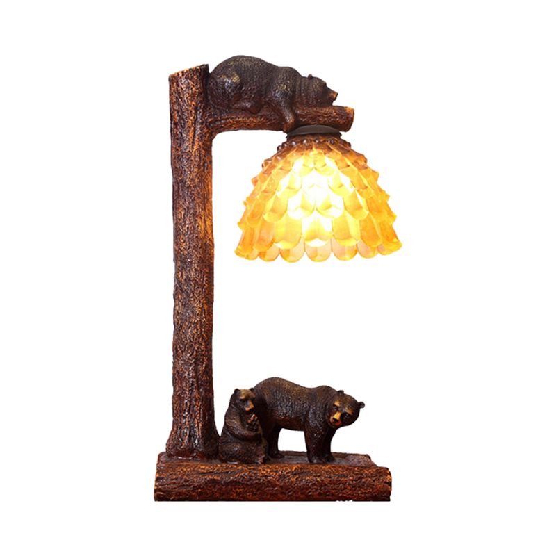 Luz de mesa de piñón marrón Classic Amber Glass 1 Lámpara de tarea de dormitorio ligero con oso