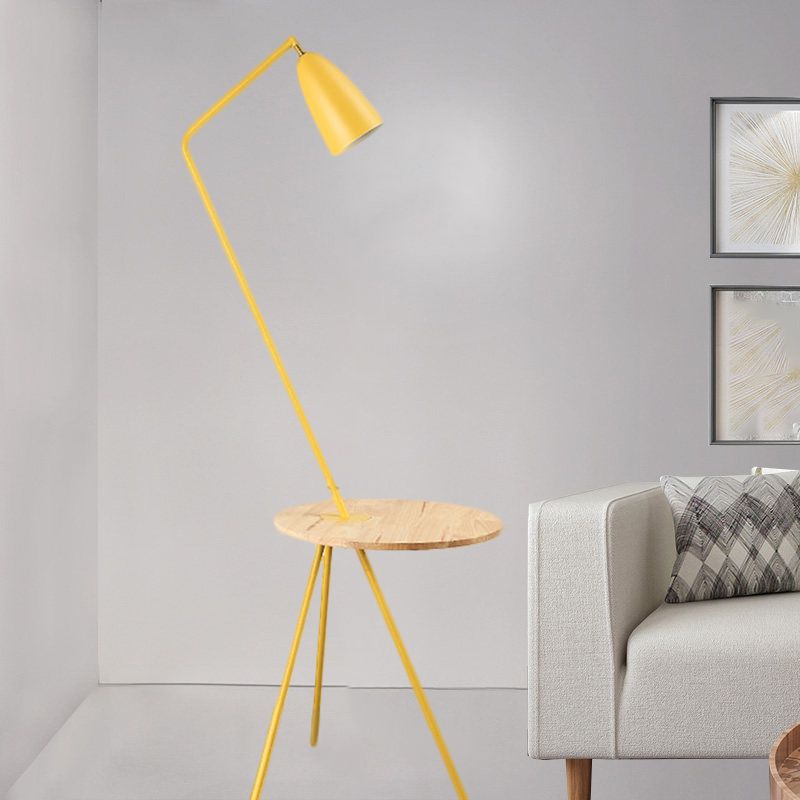 Metal Elongated Floor Reading Light Simple 1 Bulb Black/Pink/Yellow Tripod Floor Standing Lighting with Shelf for Living Room