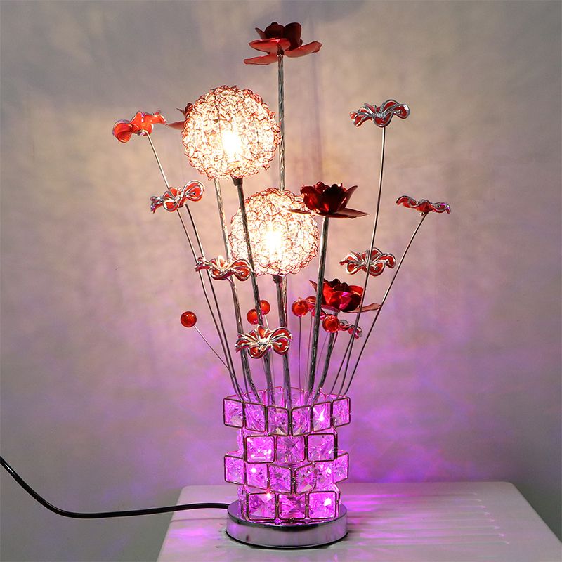 Aluminum Rubik's Cube Desk Lamp Art Decor Drawing Room Crystal Embedded LED Night Table Light with Pink/Red Blossom Decor