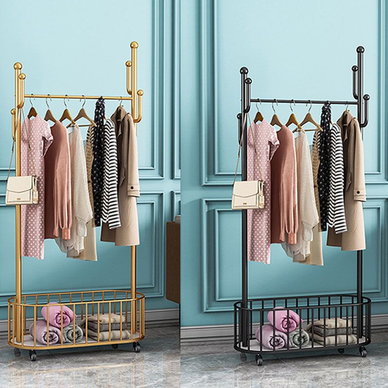 Glam Coat Rack Free Standing One Storage Shelve Metal Hall Stand with Wheels