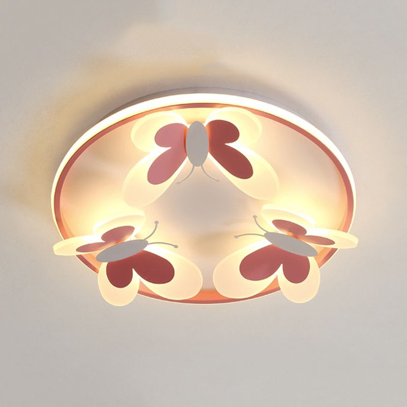 Kids Style 3 / 4 - Light Flush Metal in Pink Finish Ceiling Flush with Butterfly Accent