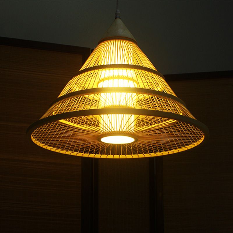 Asian Style Single Head Ceiling Pendant Light Beige Wide Flare Suspended Lighting Fixture with Bamboo Shade