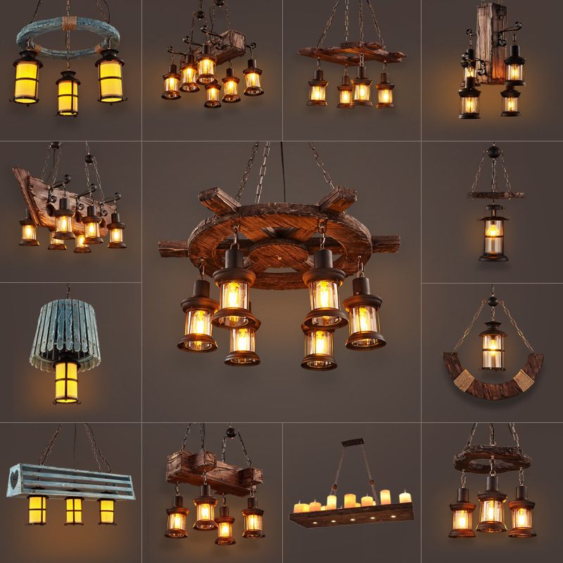 Wooden Brown Bar Pendant Light in Industrial Vintage Style Wrought Iron Hanging Lamp with Glass Shade