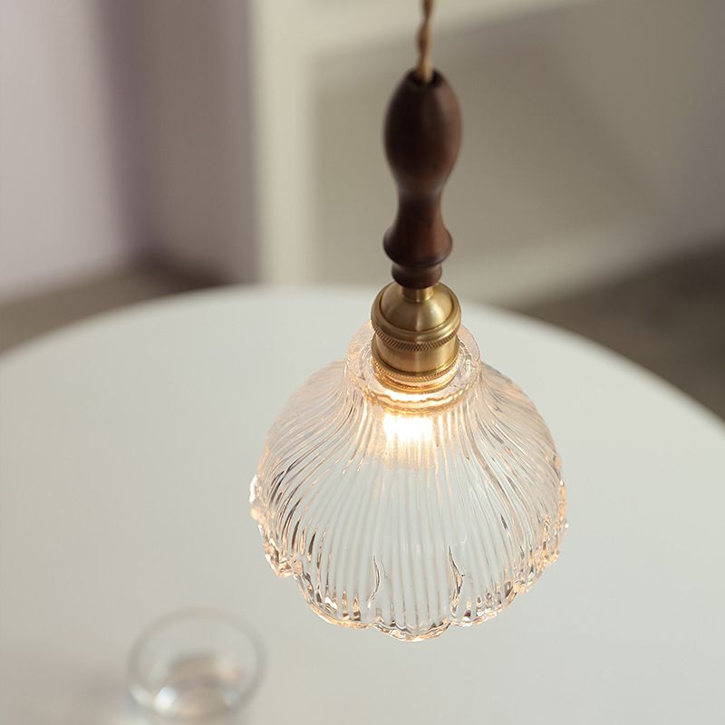 Ribbed Glass Floral Suspension Pendant Simple 1 Bulb Dinner Hanging Light in Brass