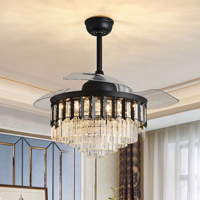 Layered Crystal Black/Gold Ceiling Fan Tapered Drum 3-Blade Postmodern LED Semi Flush Light, 42.5" Width