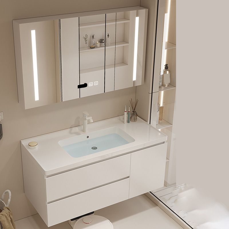 Drawers Vanity Set White Wood Rectangle Single Sink Wall Mount Bath Vanity with Mirror