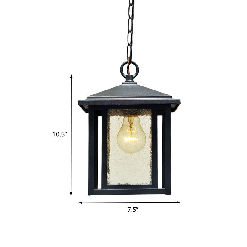 Clear Seedy Glass Black Pendant Lantern 1-Head Retro Hanging Light Fixture for Outdoor