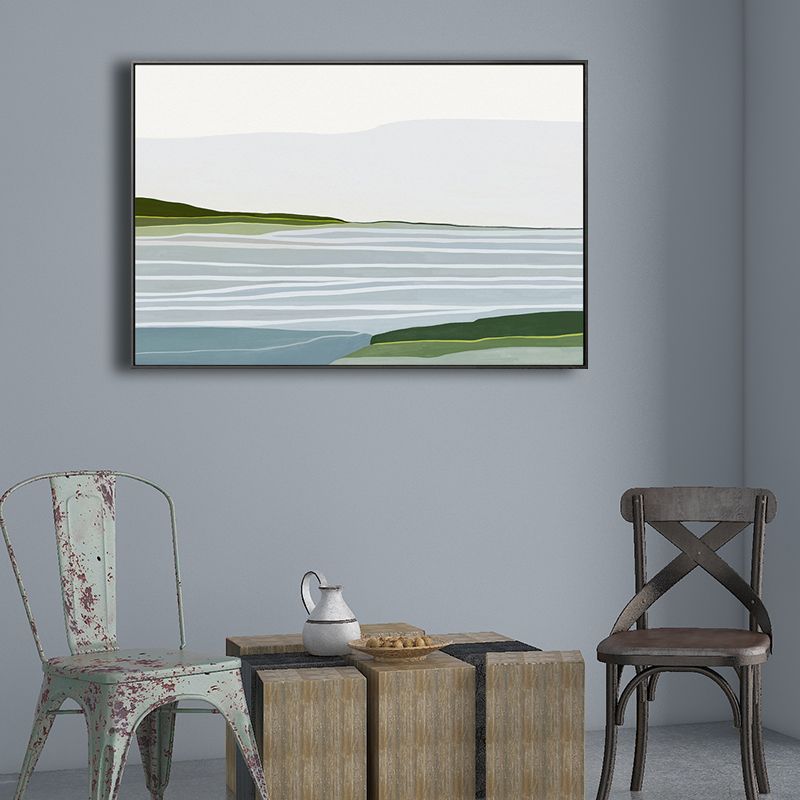 Scandinavian Sea and Hills Painting Blue Textured Wall Art Decor for Dining Room