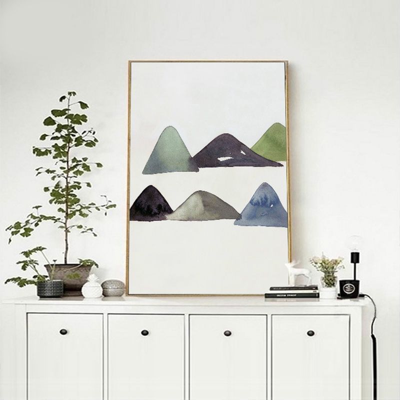 Cute Mountains Drawing Wall Art Asian Textured Canvas Print in White for Dining Room