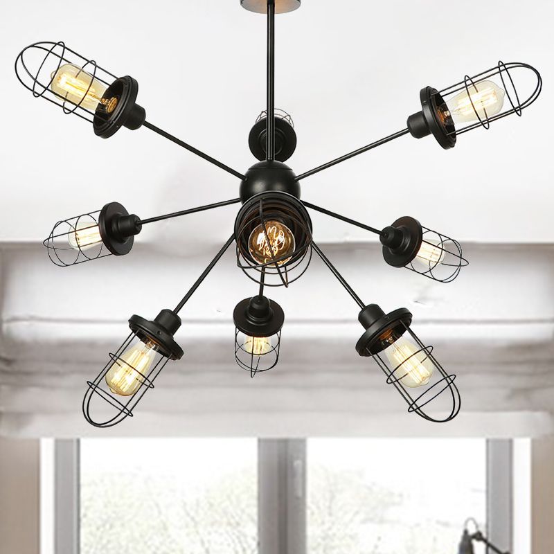 Lámpara de la lámpara de araña enjaulada estilo Farmhouse Iron 9/12/15 Luces Acabado negro Accesorio de techo colgante con diseño Sputnik