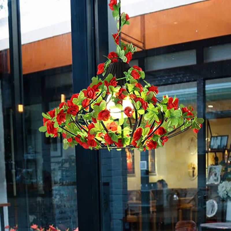 Zwart/witte kooi hangende lamp antiek metaal 1 lamp restaurant LED -ophanging hanger met bloemdecoratie