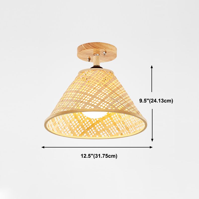 Cup Shape Ceiling Lamp Asian Style Rattan 1 Light Flush Mount for Bedroom