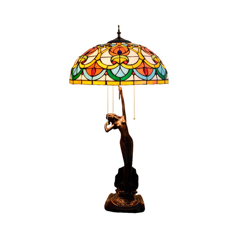 Ciotola di vetro arancione/gialla Night Light Victorian Style 3 Bulbs Black Table Lighting con catena di tiro e base da ragazza