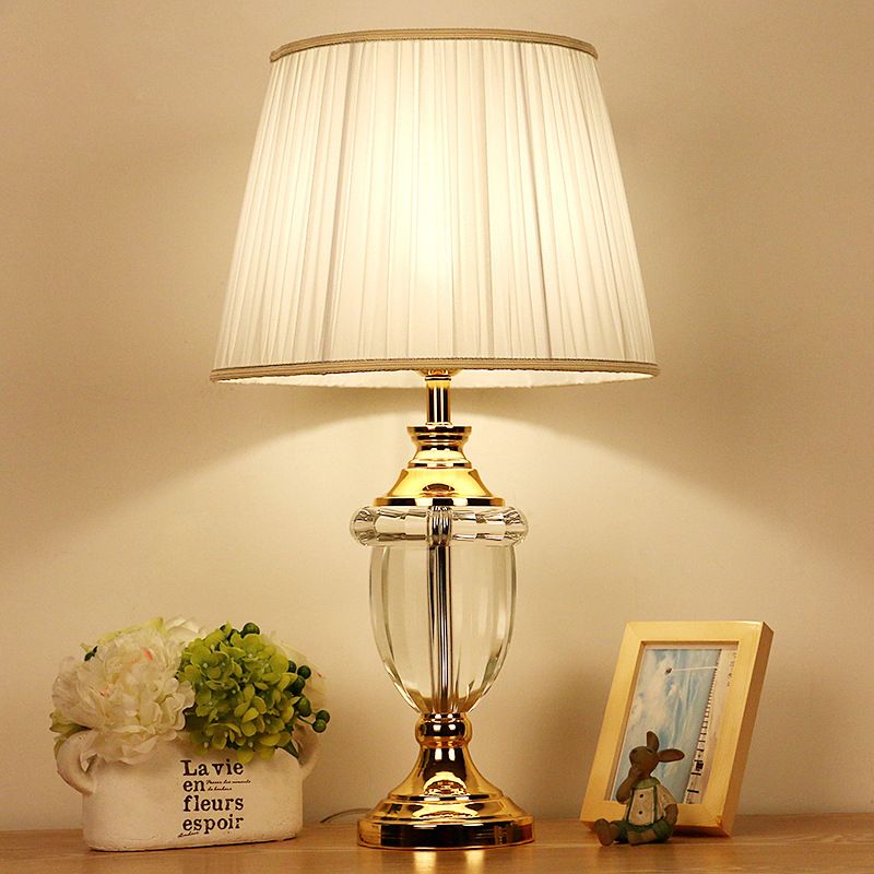 Pleated Lampshade Bedroom Table Light Rural Stylish Single Bulb White Nightstand Lamp with Clear Crystal Deco