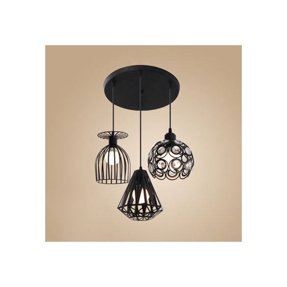 3 Lights Suspended Light Loft Style Caged Metal Ceiling Fixture with Different Shade in Black/White for Restaurant