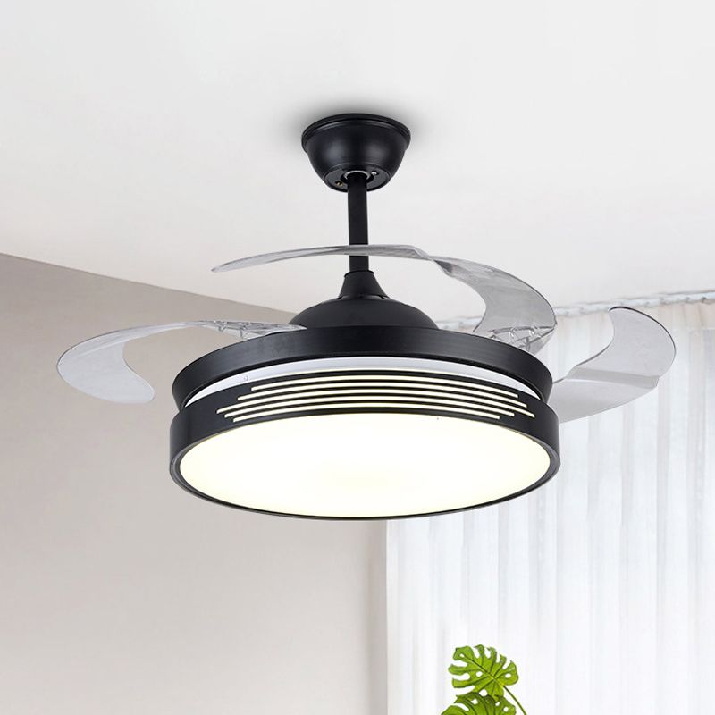 19 "brede metalen ronde semi -spoeling Licht Noordse LED Black hangende ventilatorlamp, 4 messen