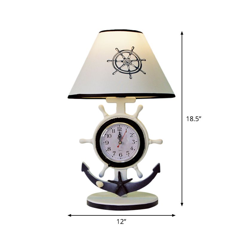 Rudder Base Table Lighting Children Style Resin Single Bulb Blue Shaded Night Stand Lamp with Clock Design