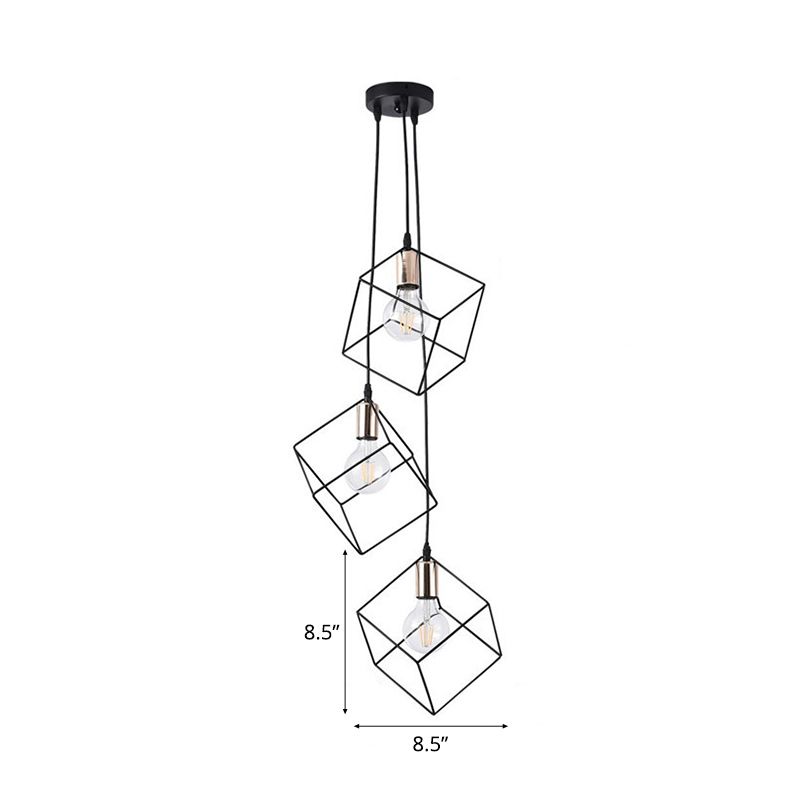 Éclairage de suspension carrée 3 lumières en métal éclairage pendentif industriel en noir pour le foyer