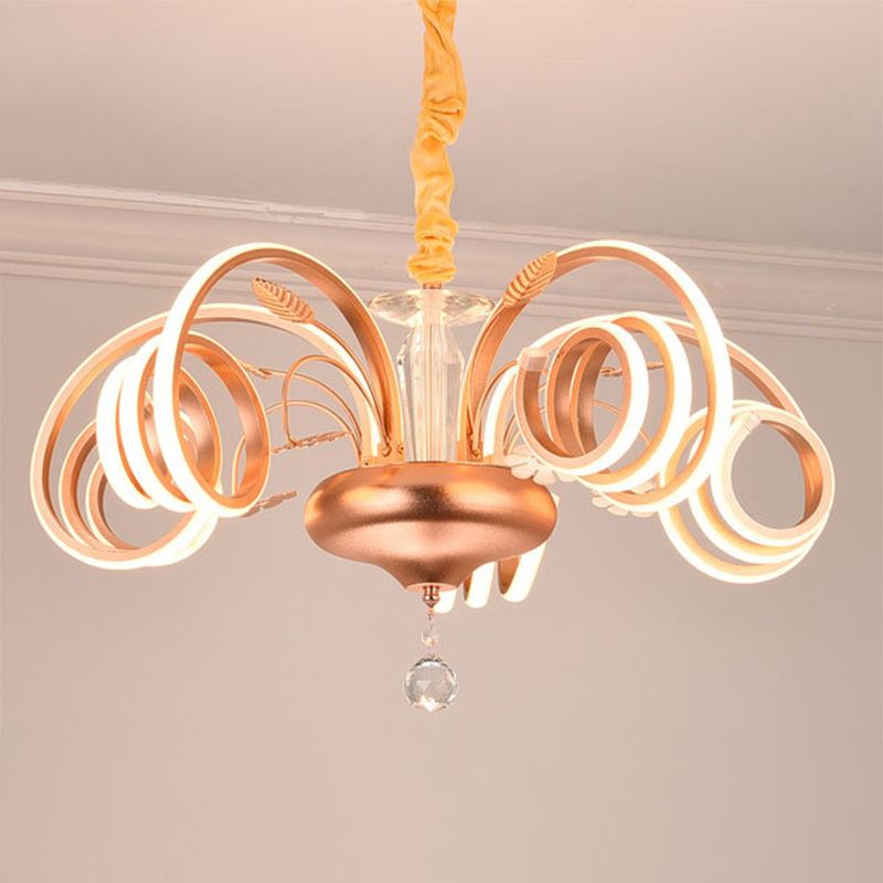 Curved Living Room Chandelier Acrylic Led Modernist Hanging Lamp in Rose Gold, White Light