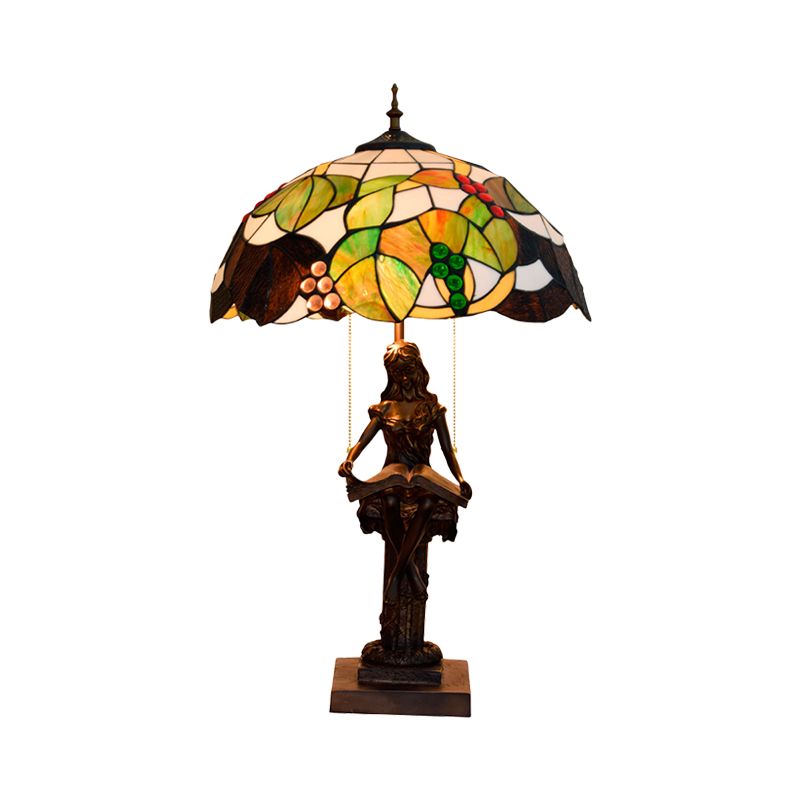 Green Glass Grapevine Night Lamp Tiffany 2-Head Coffee Pull Chain Table Lighting with Reading Girl Base in Coffee