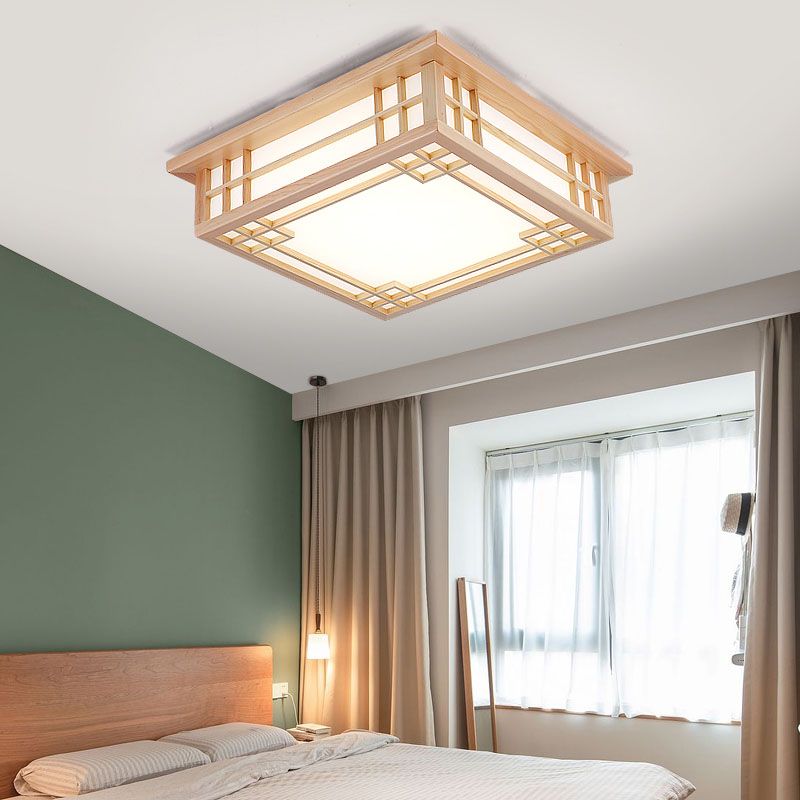 Modern Flush Mount Square LED Ceiling Light with Wood for Bedroom