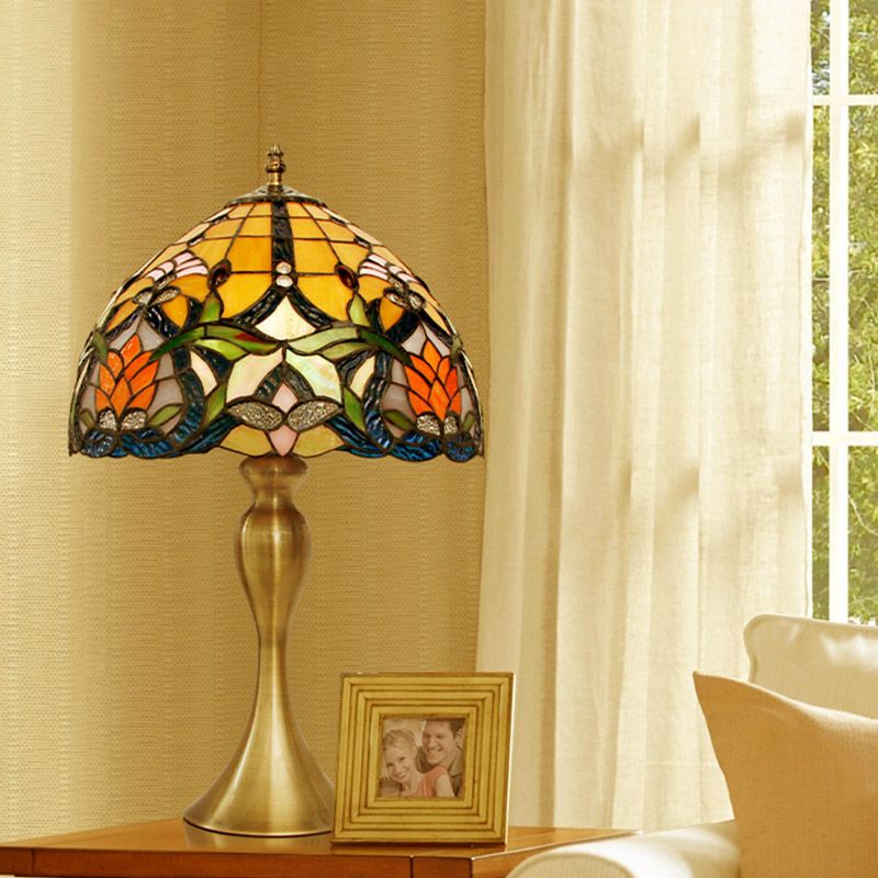 Brushed Brass 1 Head Nightstand Light Tiffany Floral Glass Bowl Shade Table Lamp