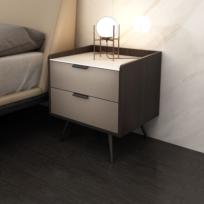 Espresso Wood and Off-White Night Table  Modern Stone and Pearl Wood Bedside Cabinet