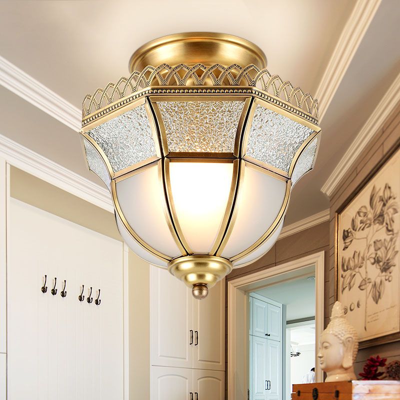 Glass Close to Ceiling Light Traditional Brass Faceted Aisle Semi Mount Lighting