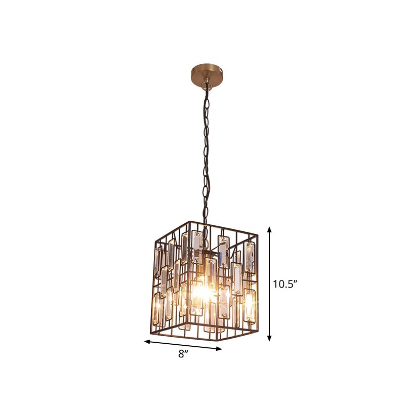 Black Cubic Cage Pendant Light Industrial Metal 1 Light Suspension Light with Crystal Accent for Restaurant