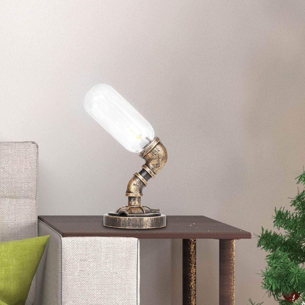 Capsule Bedroom LED Night Light Industrial Amber/Clear Glass 1 Head Nickel Table Lamp with Pipe Metal Base