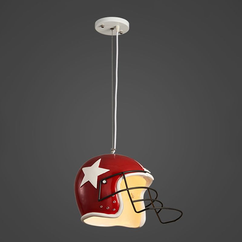 Resin Soccer Helmet Ceiling Pendant Industrial Single Restaurant Suspension Light in Red/White